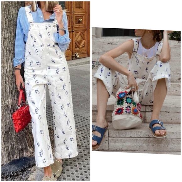 ZARA Floral Denim Overalls Size S Jumpsuit Cream Blue Cottagecore Wide Leg NWT - Picture 8 of 12